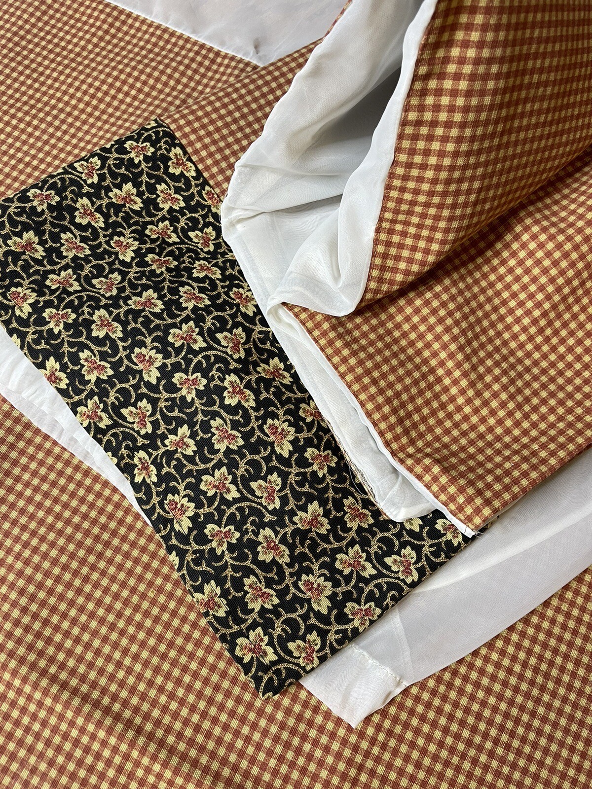 Vtg Custom Valance (96″ W) & 2 Panels (73″W) Black Floral Orange Check GORGEOUS!
