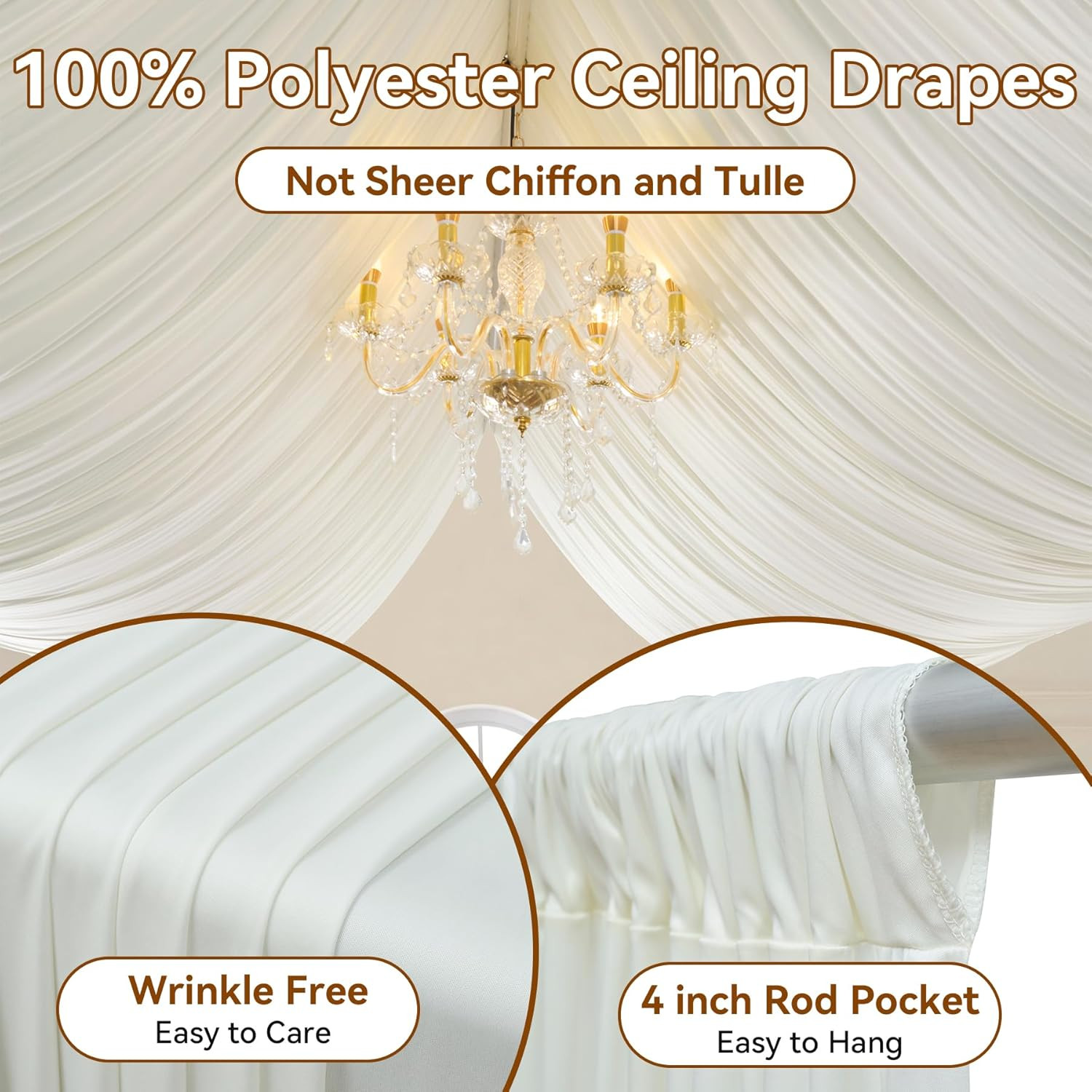 10Ft×20Ft Ivory Ceiling Drapes for Weddings Parties 2 Panels 5×20Ft Long Ceiling