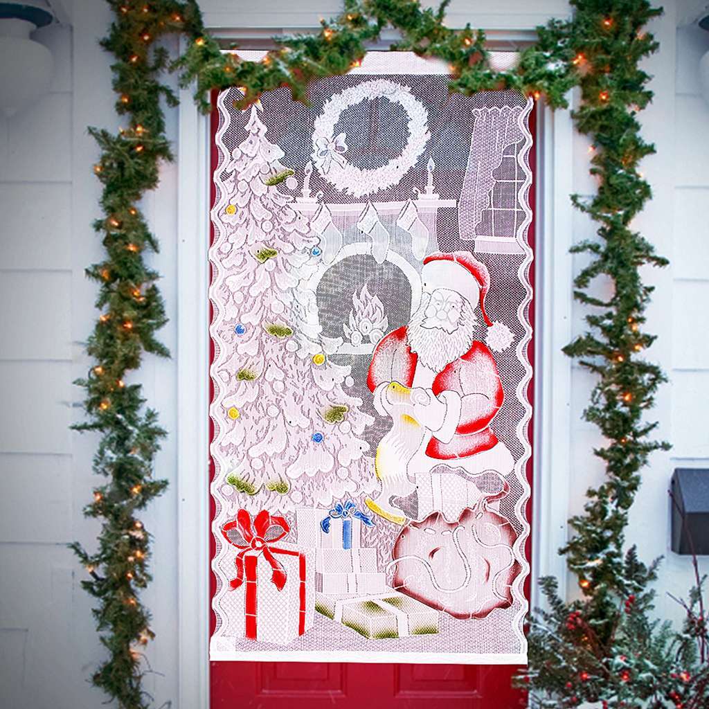 US Lace Christmas Curtain Home Party Decor LED Lights Up Window Door Cloth Xmas