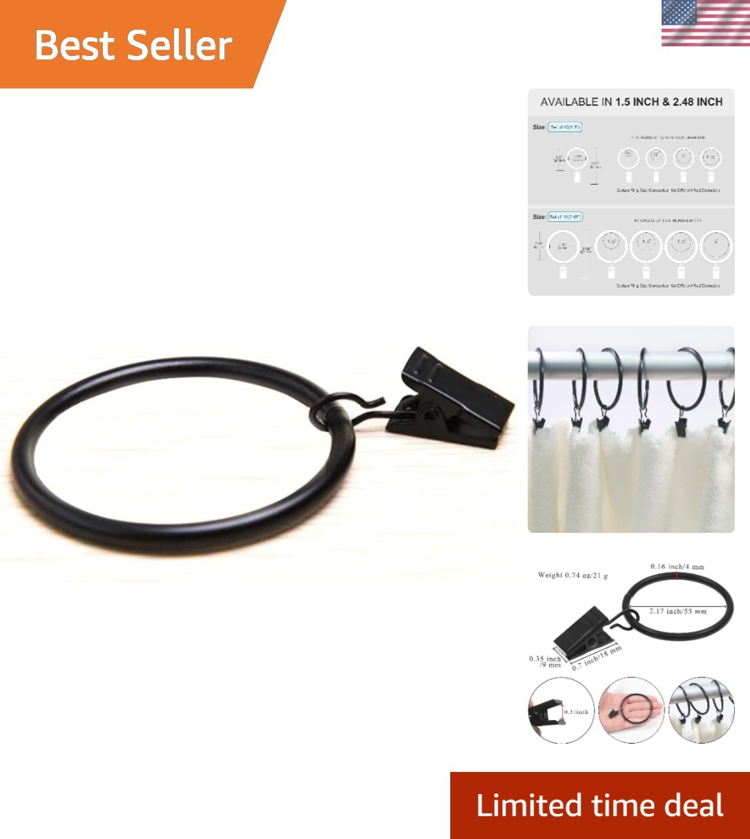 Large Curtain Rings with Clips, 10 Pack 2.5 Inch Rustproof Metal Drapery Hoops