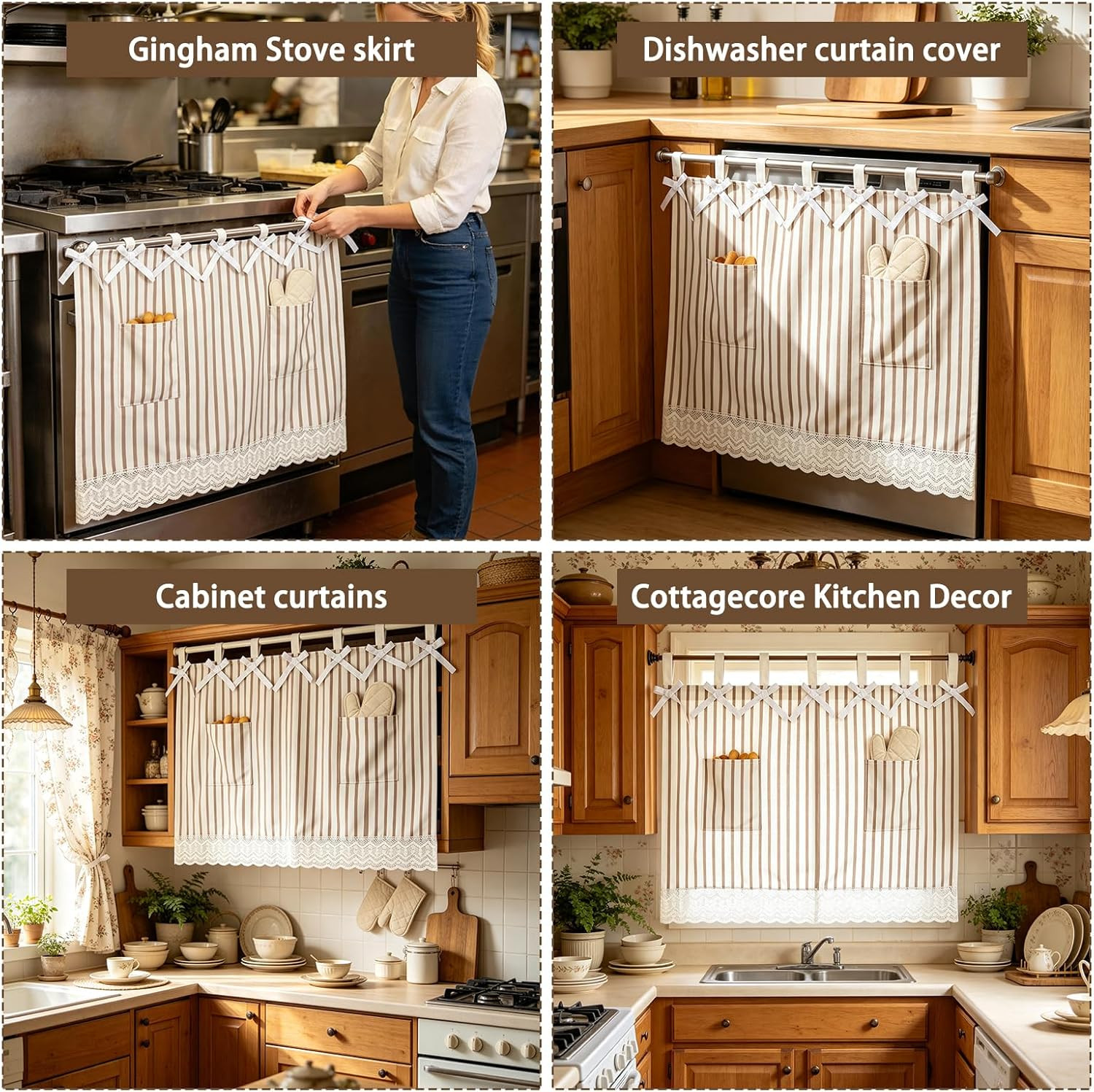 Oven Curtain Skirt – Hook and Loop Straps Stove Curtain with Pockets Stripe Oven