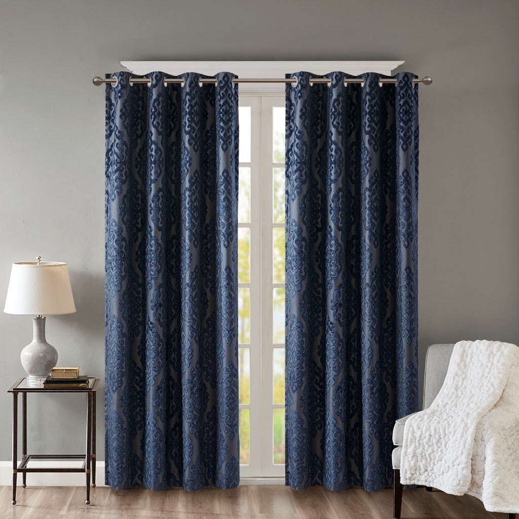 SunSmart Mirage Jacquard Damask Blackout Grommet Top 1 Curtain 50″ x 108” Navy