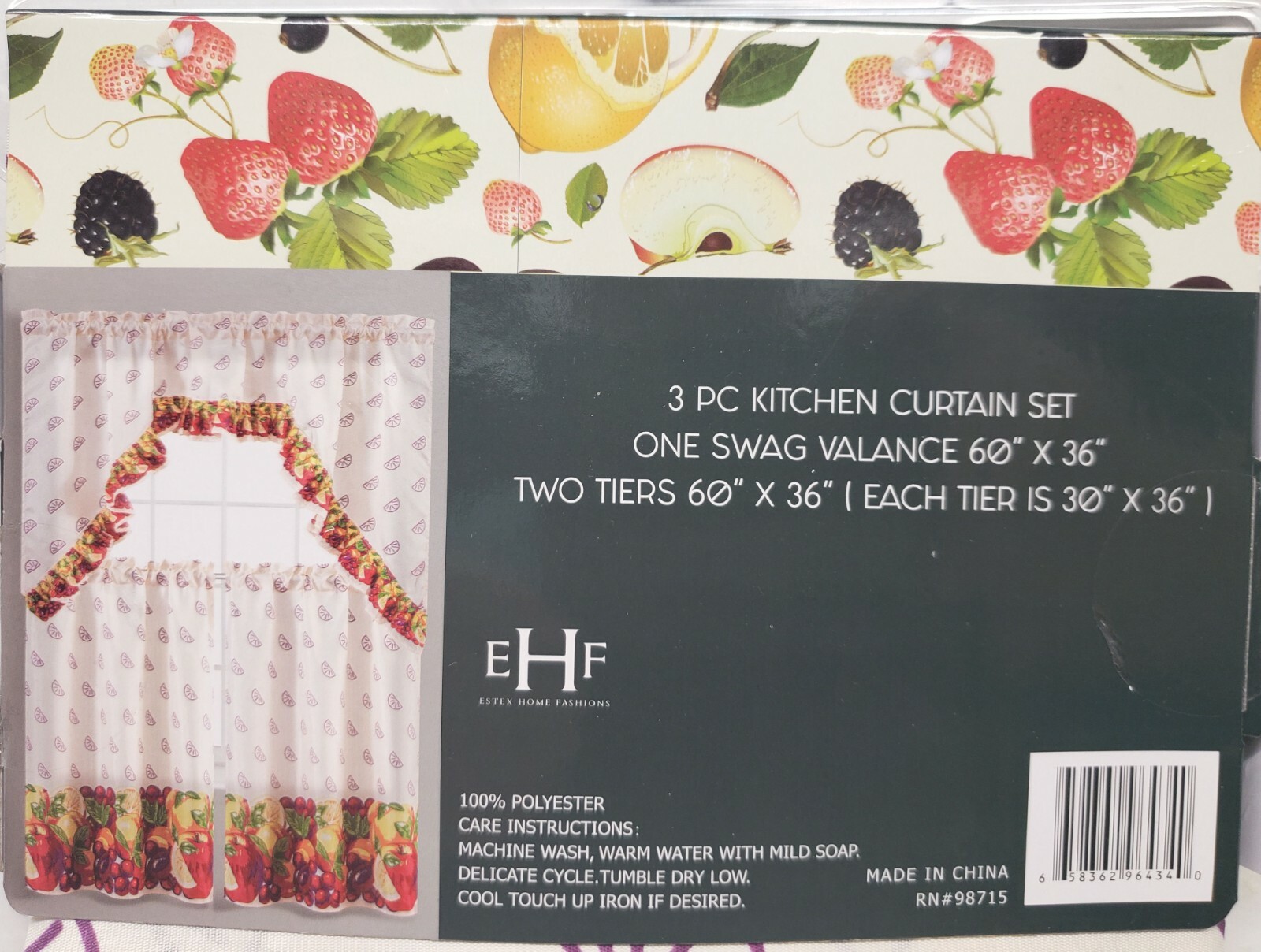 3pc. Kitchen Curtains Set:2 Tiers(30″x36″)& Swag(60″x36″)FRUITS,ORANGE PUNCH,EHF