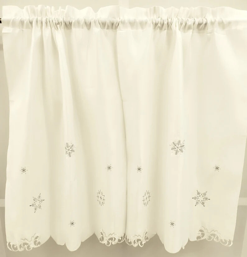 Embroidered Snowflake Cutwork Metallic Thread Scalloped Edges Tiers Curtain 36″