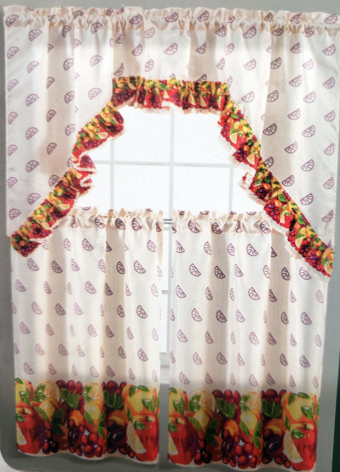3pc. Kitchen Curtains Set:2 Tiers(30″x36″)& Swag(60″x36″)FRUITS,ORANGE PUNCH,EHF