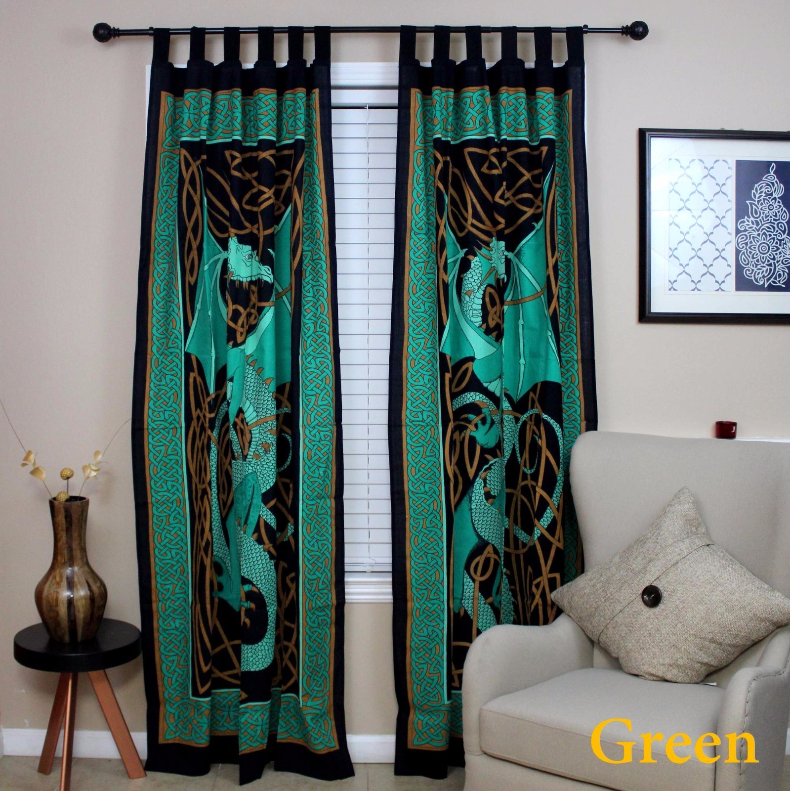 Celtic Dragon Curtain Cotton Drape Panel Green 44 x 88 inches