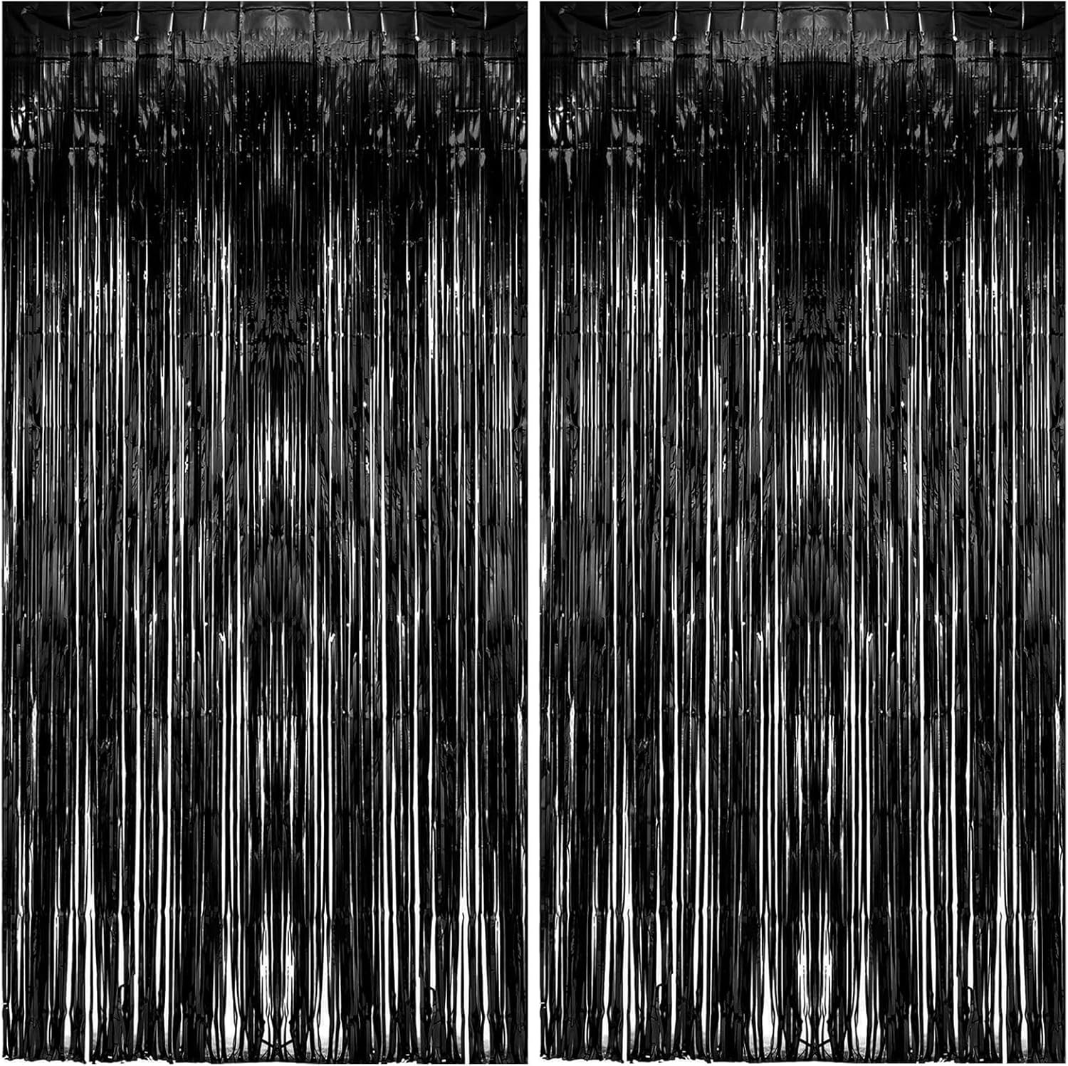 2 Pack Foil Curtain Backdrop Black Metallic Tinsel Foil Fringe Curtains Photo Bo