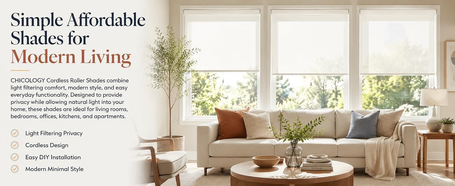 Cordless Roller Shades for Windows, Pull Down Window Blinds, Easy Install with