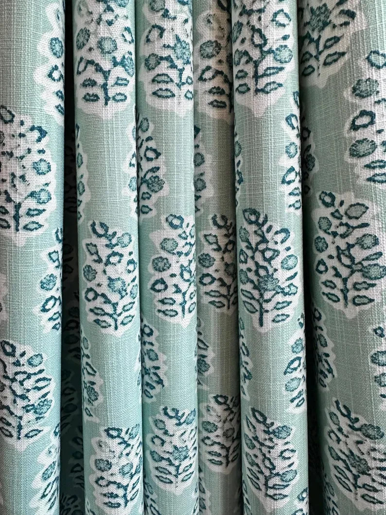 Curtains Made in USA, Floral Block Print Blue Springs, Medium Weight Cotton Slub