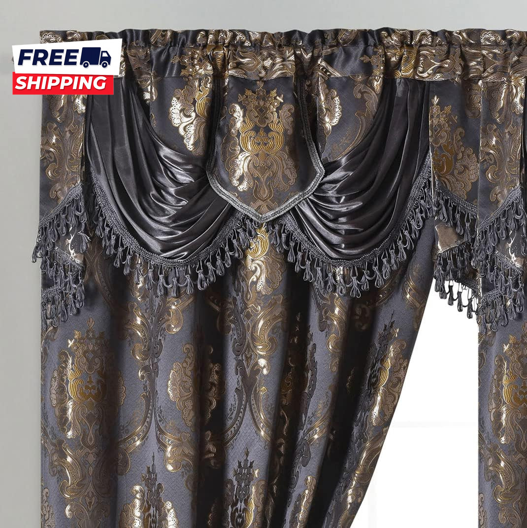 GOHD Luxe Love. Jacquard Window Curtain Panel Drape with Attached Fancy Valance.