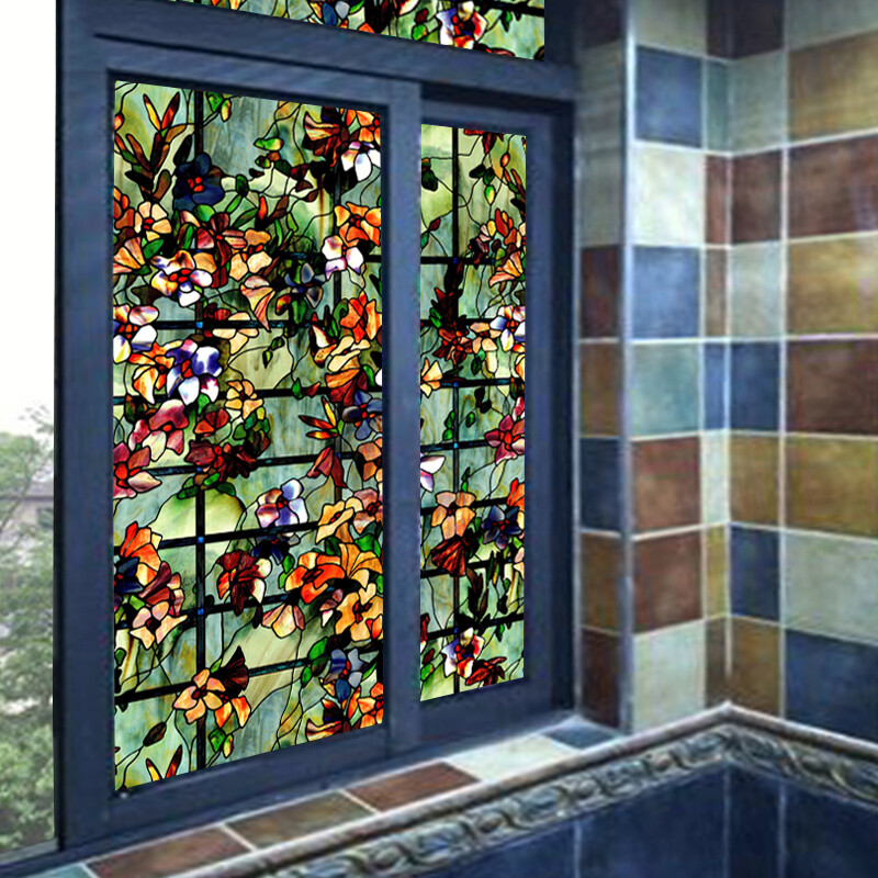 3D Static Cling Window Films Frosted Stained Camellia Glass Sticker Room Decor