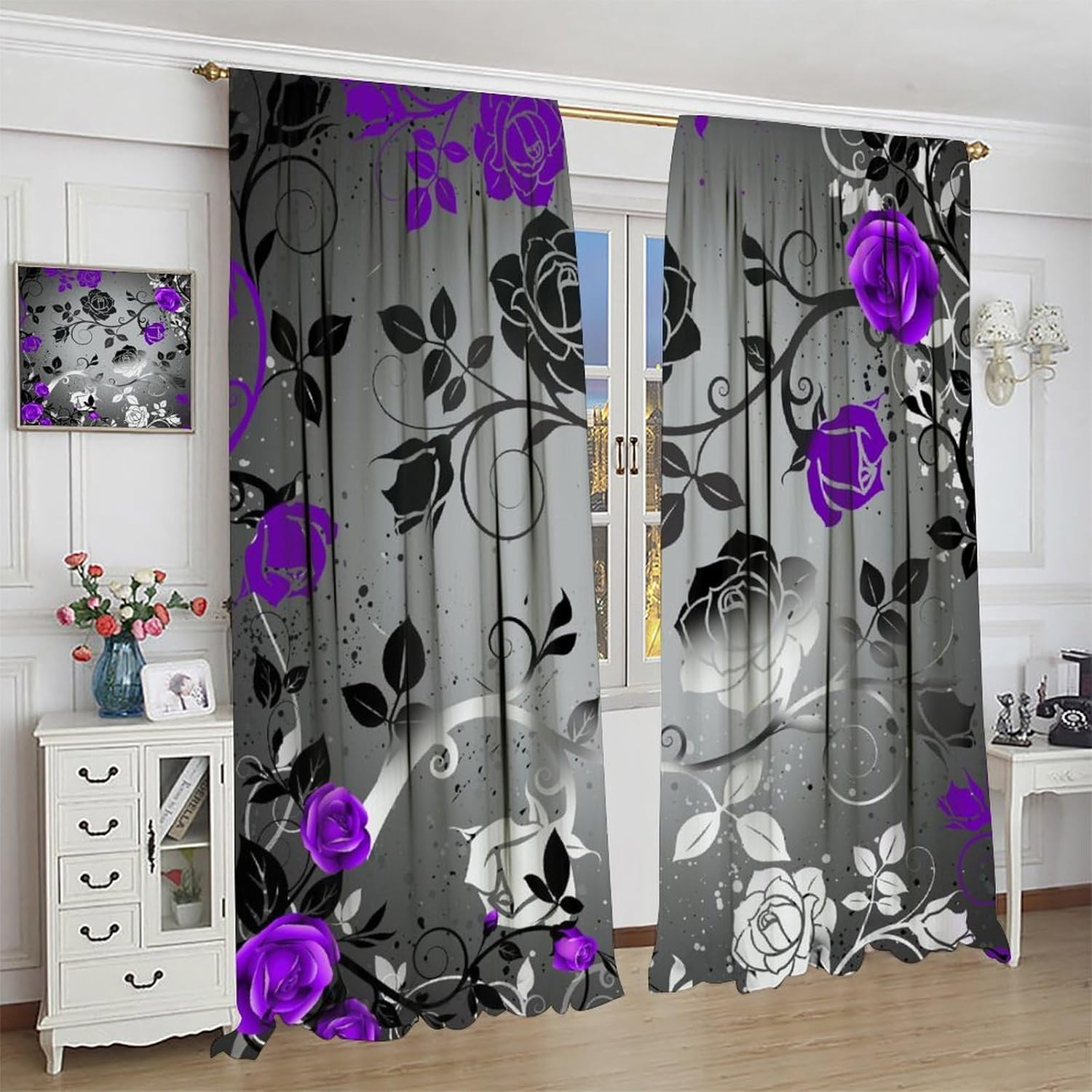 Abstract Grey Purple Rose Floral Curtains Romantic Modern Flower Black Leaves fo