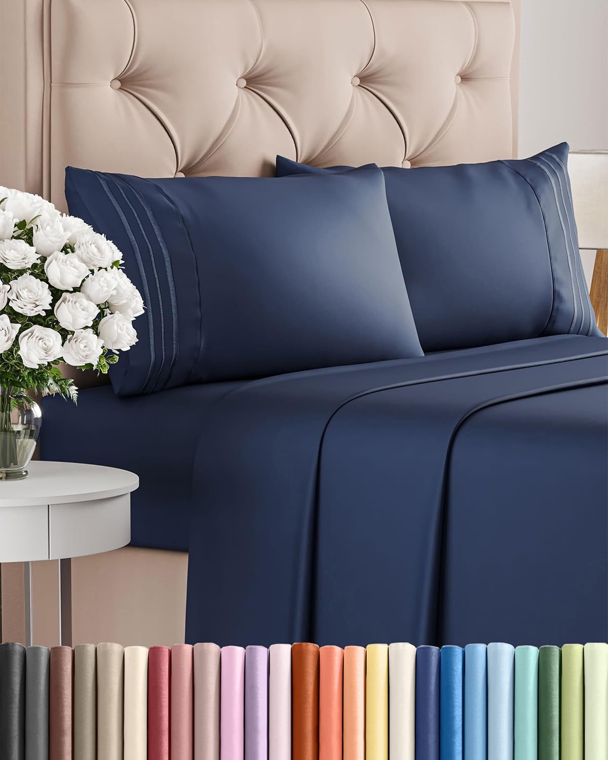 Queen Size 4 Piece Sheet Set – Comfy Breathable & Queen, 18 – Navy Blue