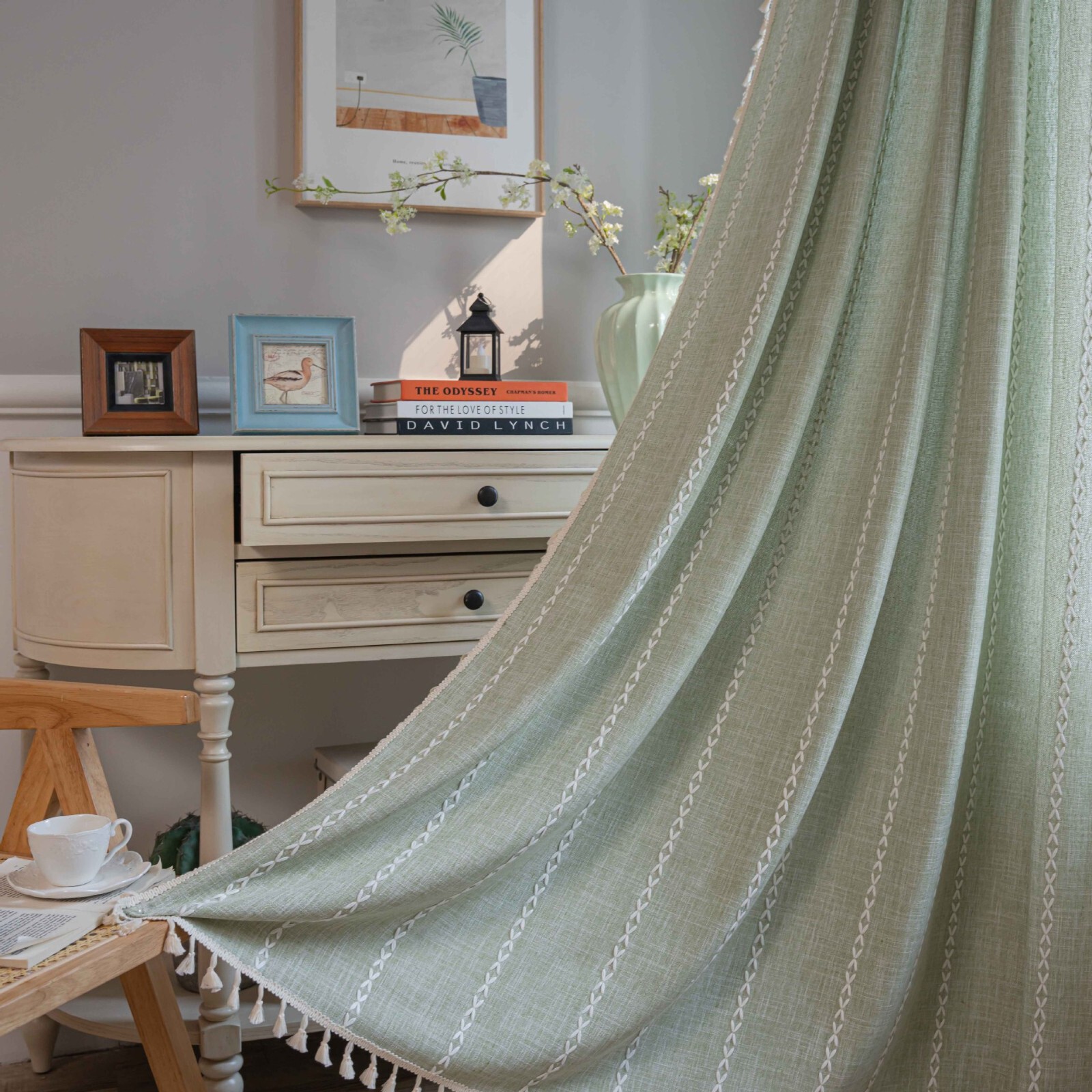 Rustic Striped Embroidered Curtain Window Drapes Panel Farmhouse Boho Home Decor