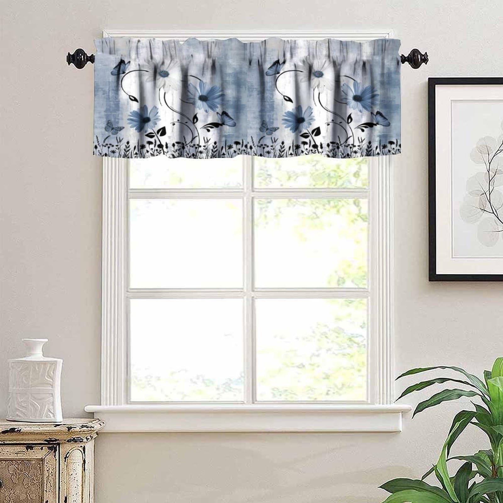 Blue White Daisy Kitchen Valance Curtains Farmhouse Modern Flower Retro Flora…