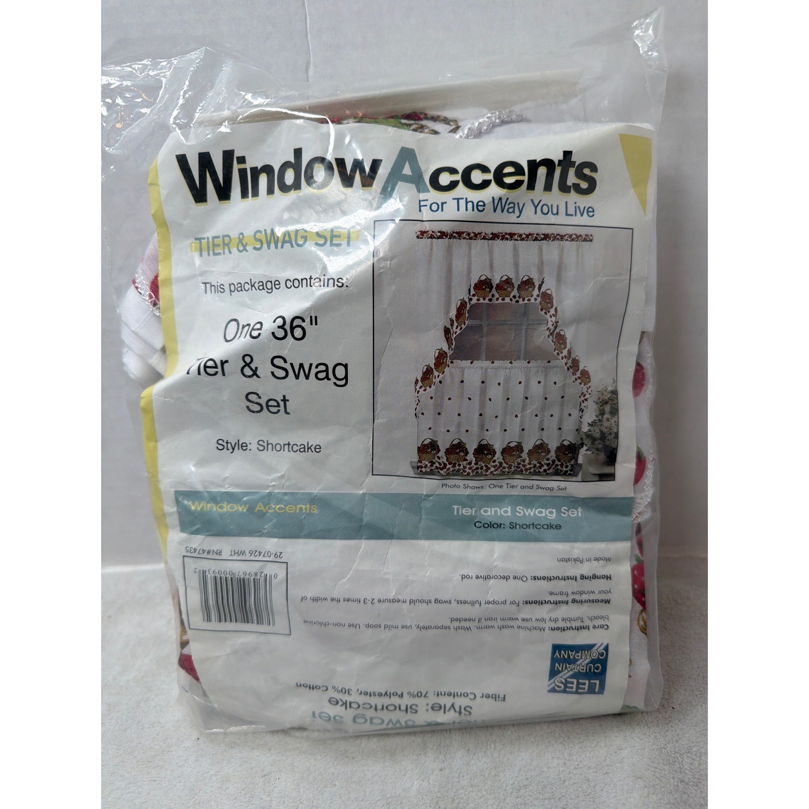 NEW Lees Curtain Company Window Accents Tier Swag Set 36in Shortcake Strawberry