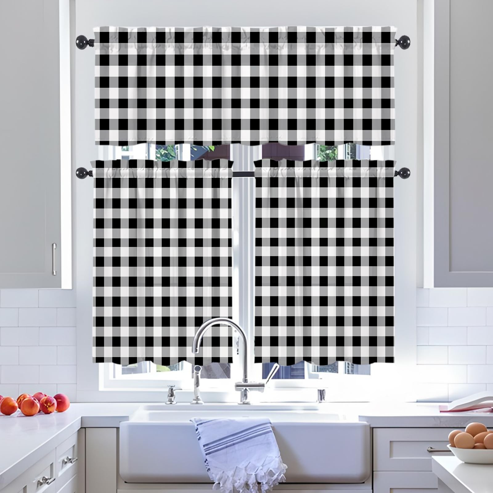 WTQPLNMCB Black and White Buffalo Plaid Kitchen Curtains and Valances Set – B…