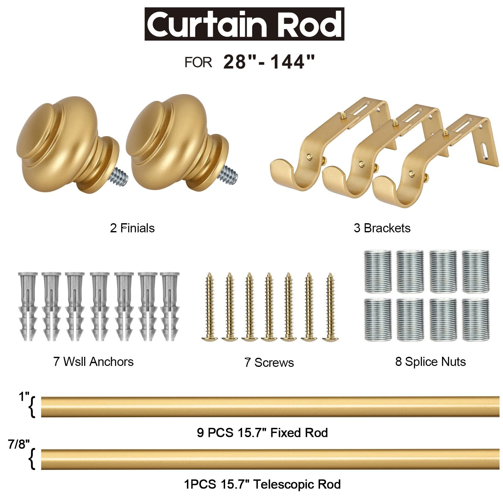 SIMEWIN Gold Curtain Rods for Windows 72 to 144 Inches Adjustable Decorative …