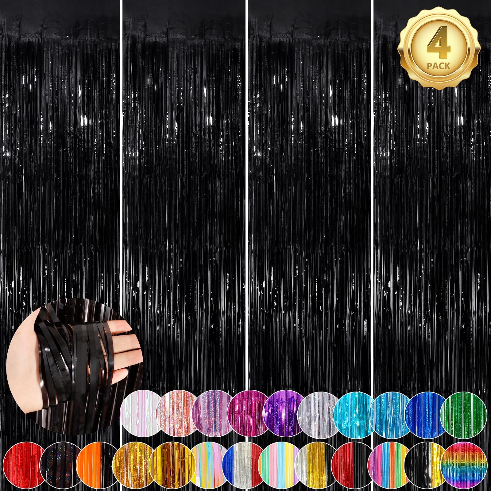 4 PCS Black Metallic Tinsel Foil Fringe Curtains 3.3×8.3ft Party Streamers