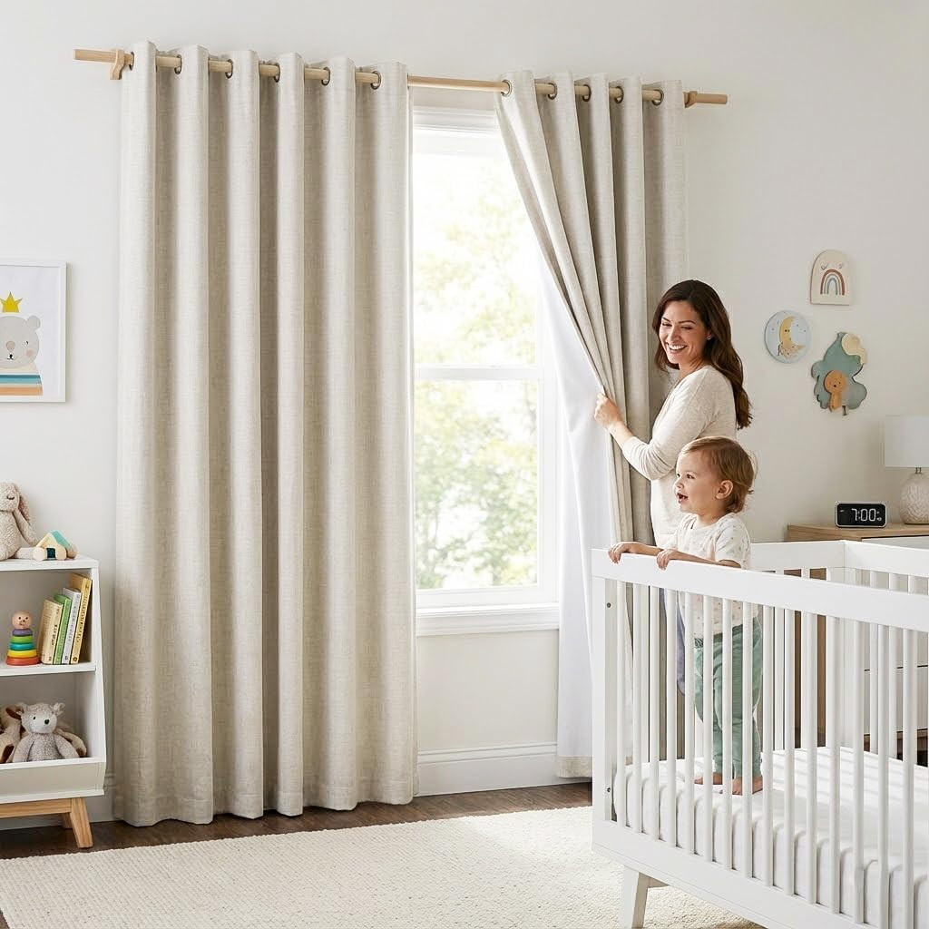 Natural 100% Blackout Linen Curtains 84 Inch Long Burg for Living Room, 2 Panels
