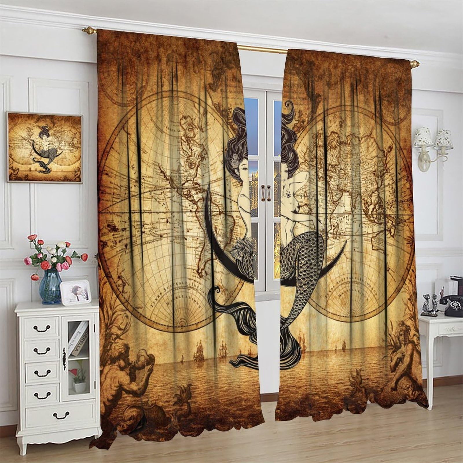 Pirate Map Decor Curtains for Boys,World Treasure Nautical Map Mermaid Pirate…