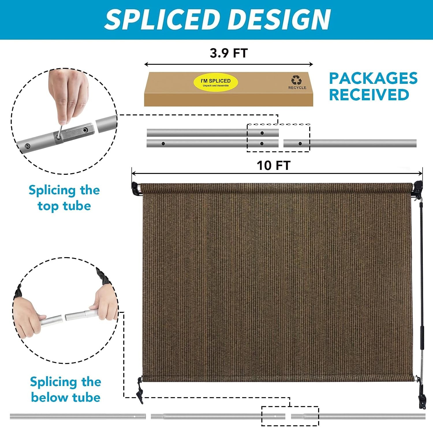 10′(W) x8′(H) Mocha Outdoor Roller Shade – Cordless Exterior Roll Up Sun Shade