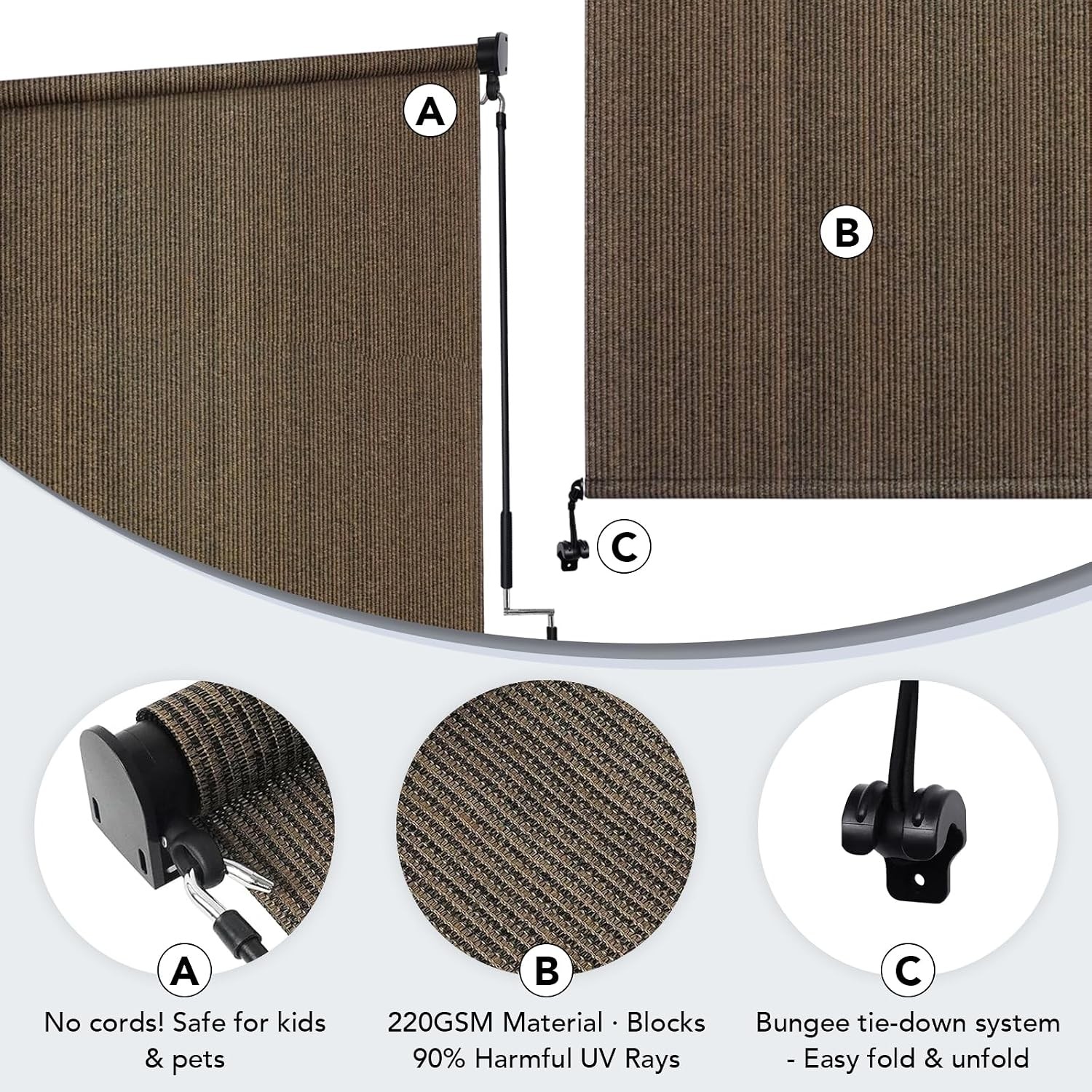 10′(W) x8′(H) Mocha Outdoor Roller Shade – Cordless Exterior Roll Up Sun Shade