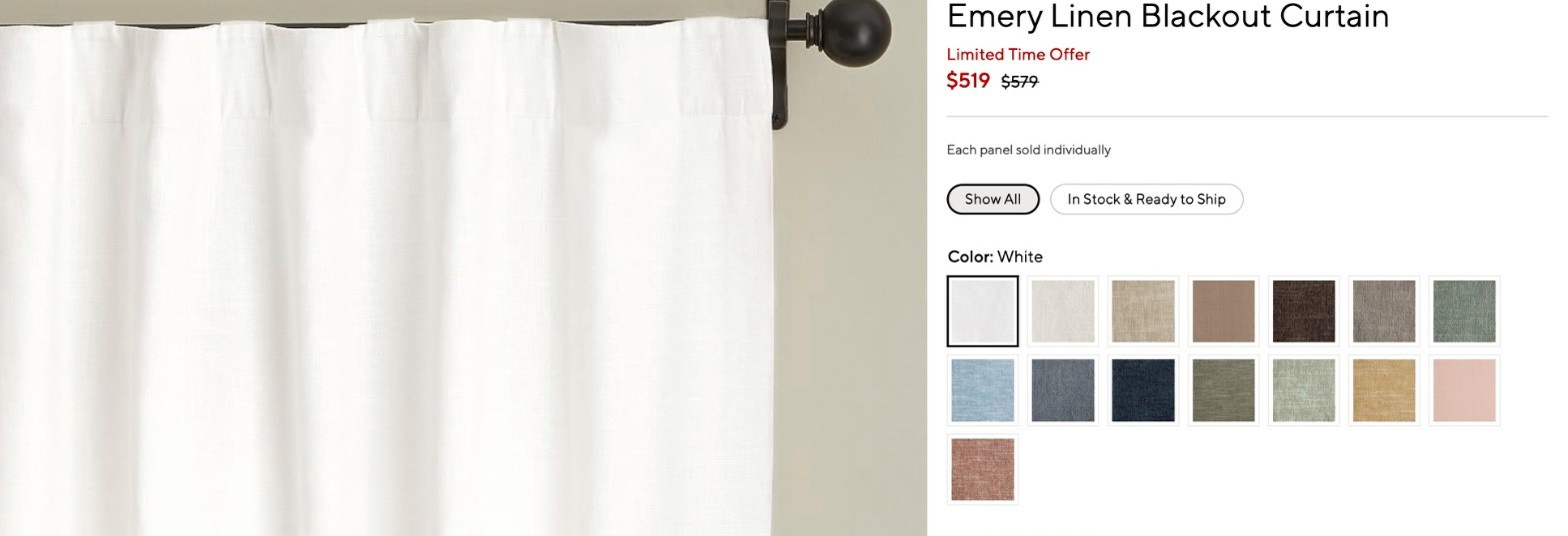 Pottery Barn Emery Linen Blackout Curtain Panel- White 100″W x 116″L $500+