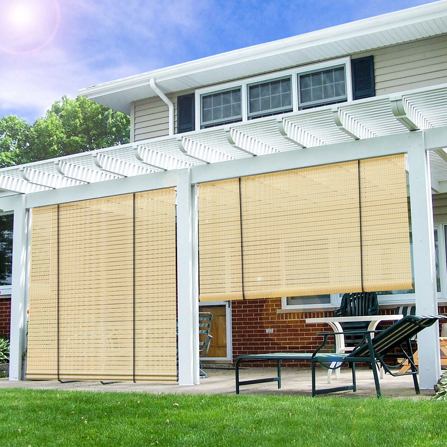 Beige Roller Shade Roll up Shades Outdoor Patio Porch Pergola Balcony Backyard