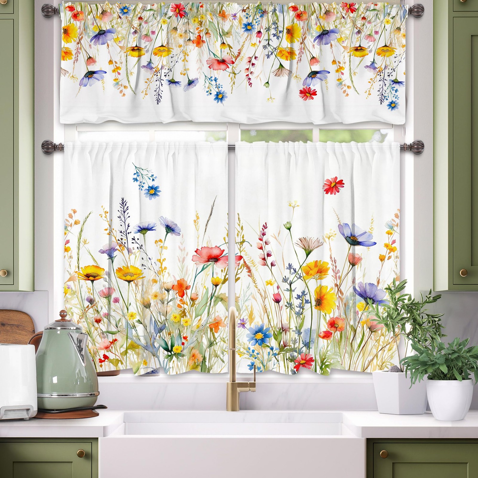 cusugbaso 3 Piece Spring Kitchen Curtains and Valances Set for Window