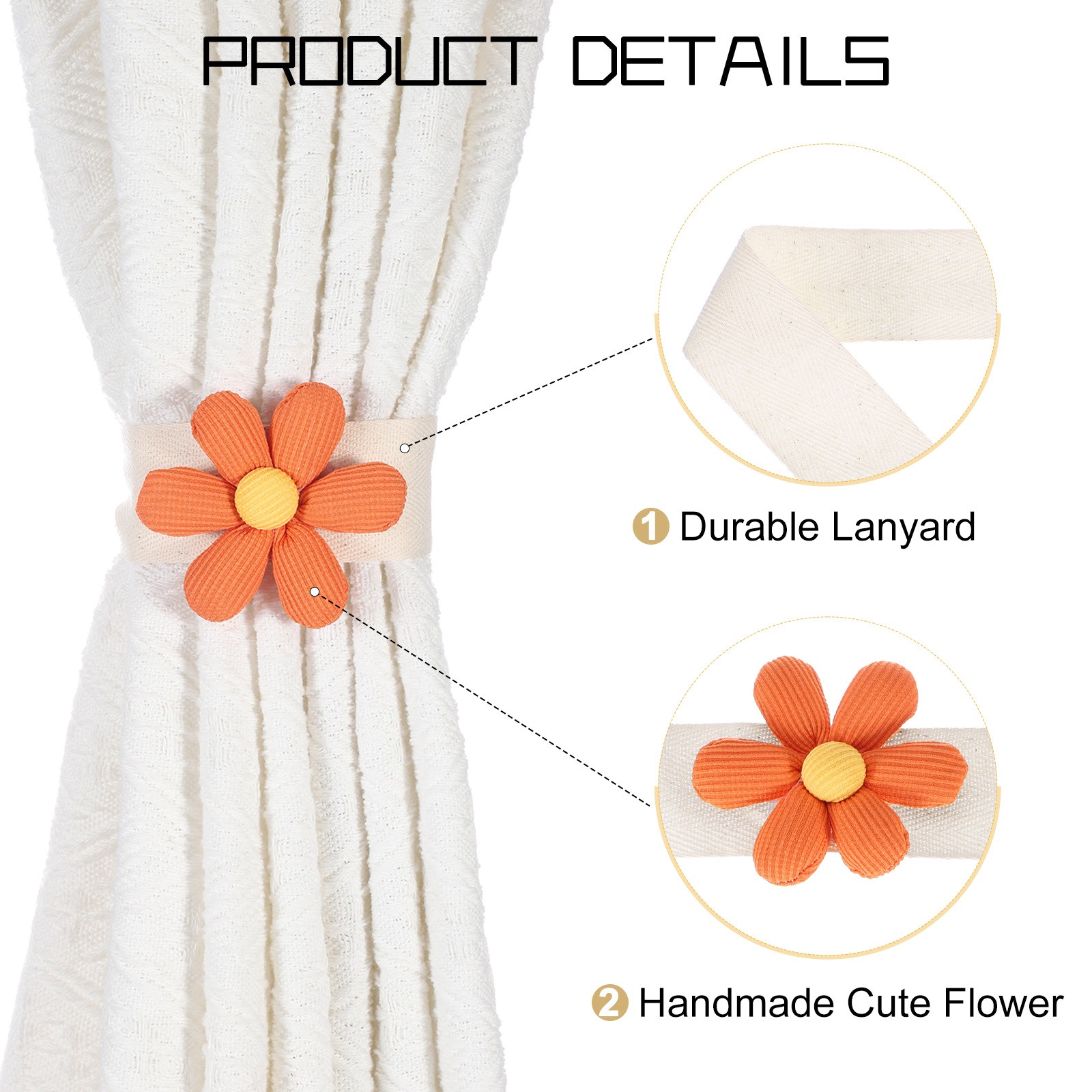 Curtain Tiebacks, 2 Pack Cute Flower Curtain Ties, Six-petal Orange