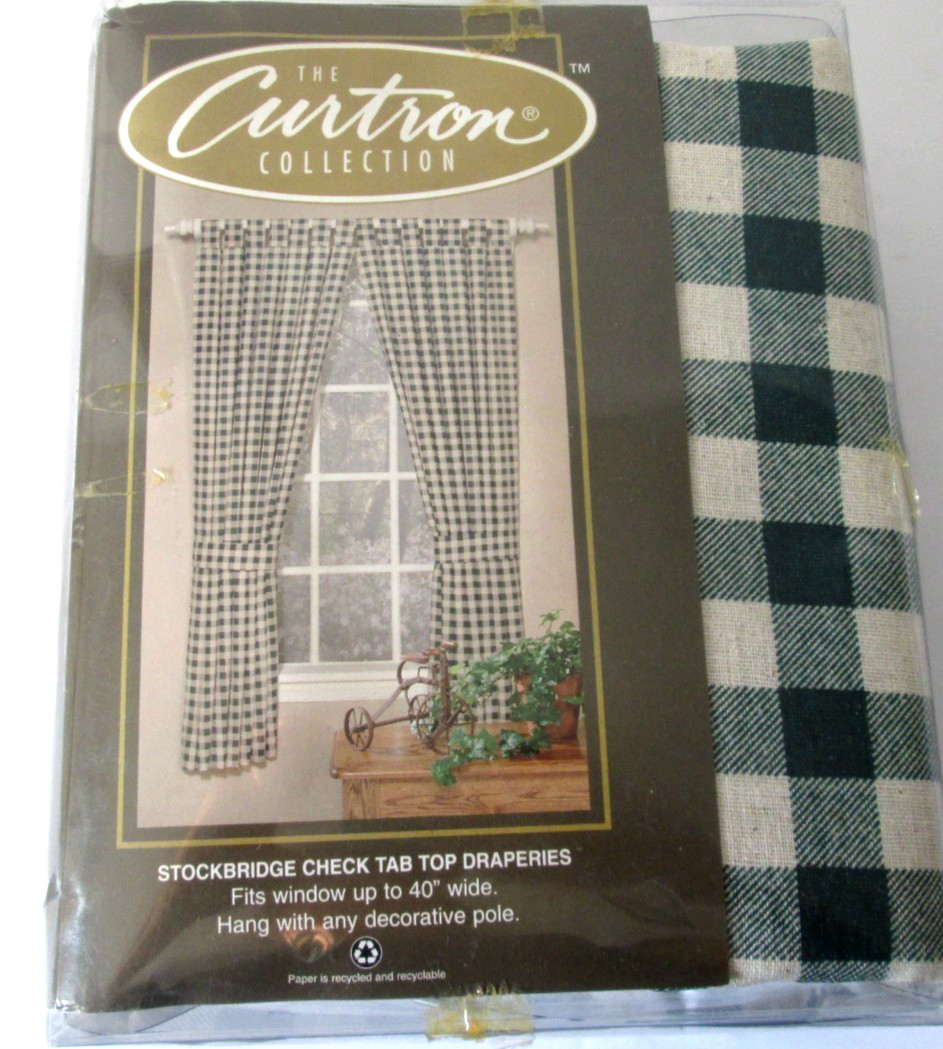 The Curtron Collection StockBridge Check Hunter Tab Tie Back Curtains 80×84 Vtg