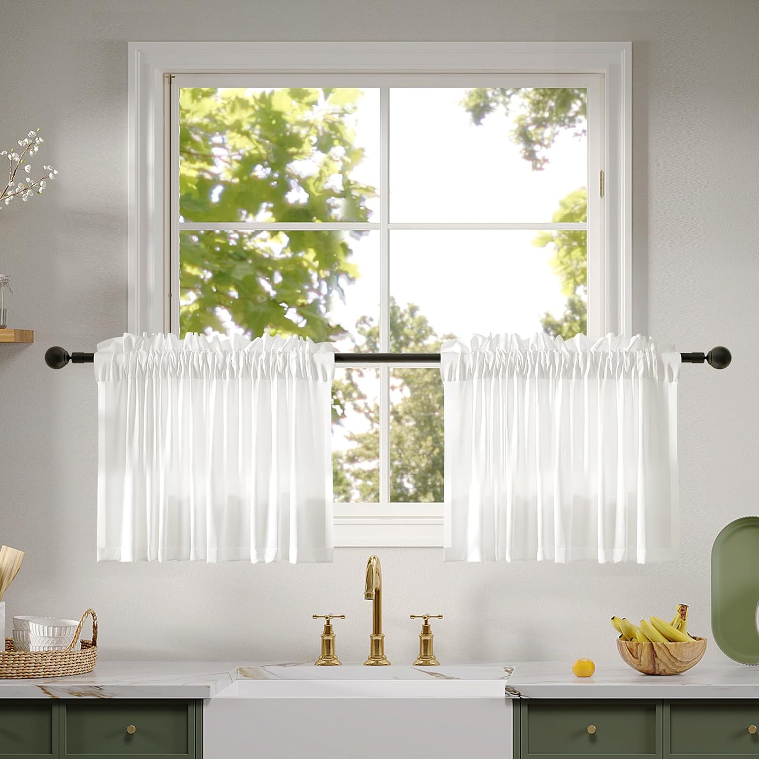 Non-See-Through Valance Kitchen Curtains 18 Inch Length 2 Panels Set, off White