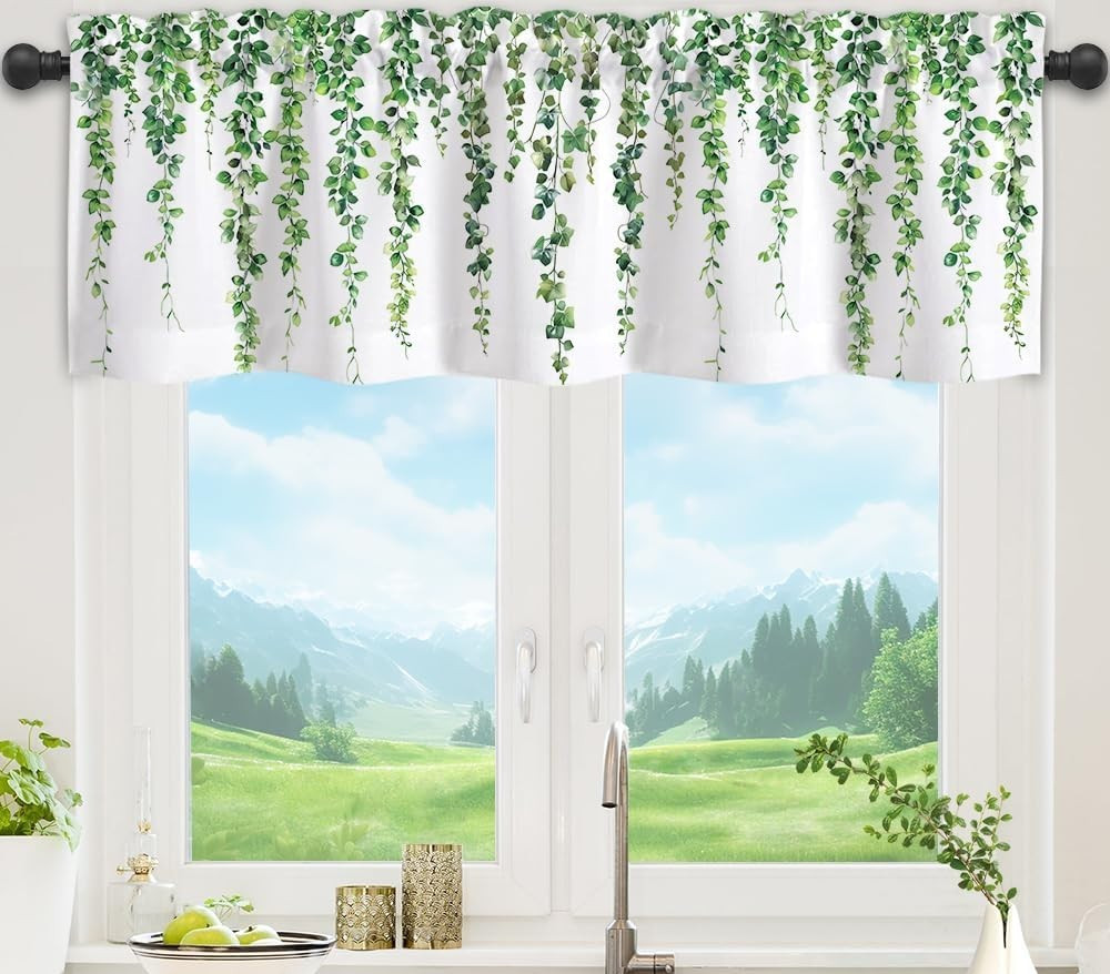 New-4 Window Valances, White with Green Leaf Vines 54″W X 18″L – holds 1-3″ rod