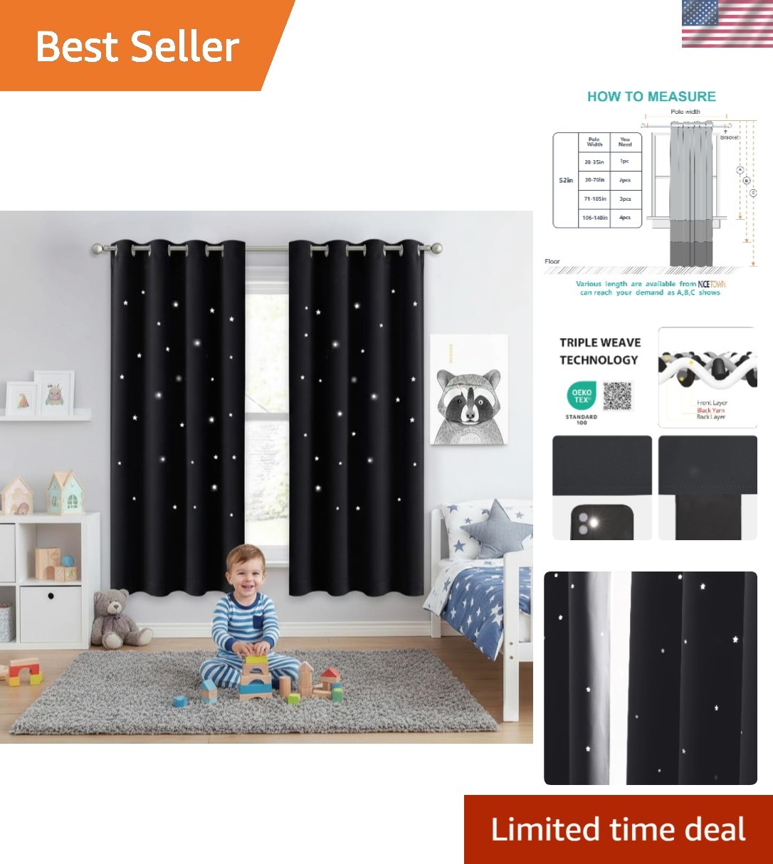 Dreamy Blackout Drapes with Star Patterns for Kids Room – 63in Length, 52in Wide