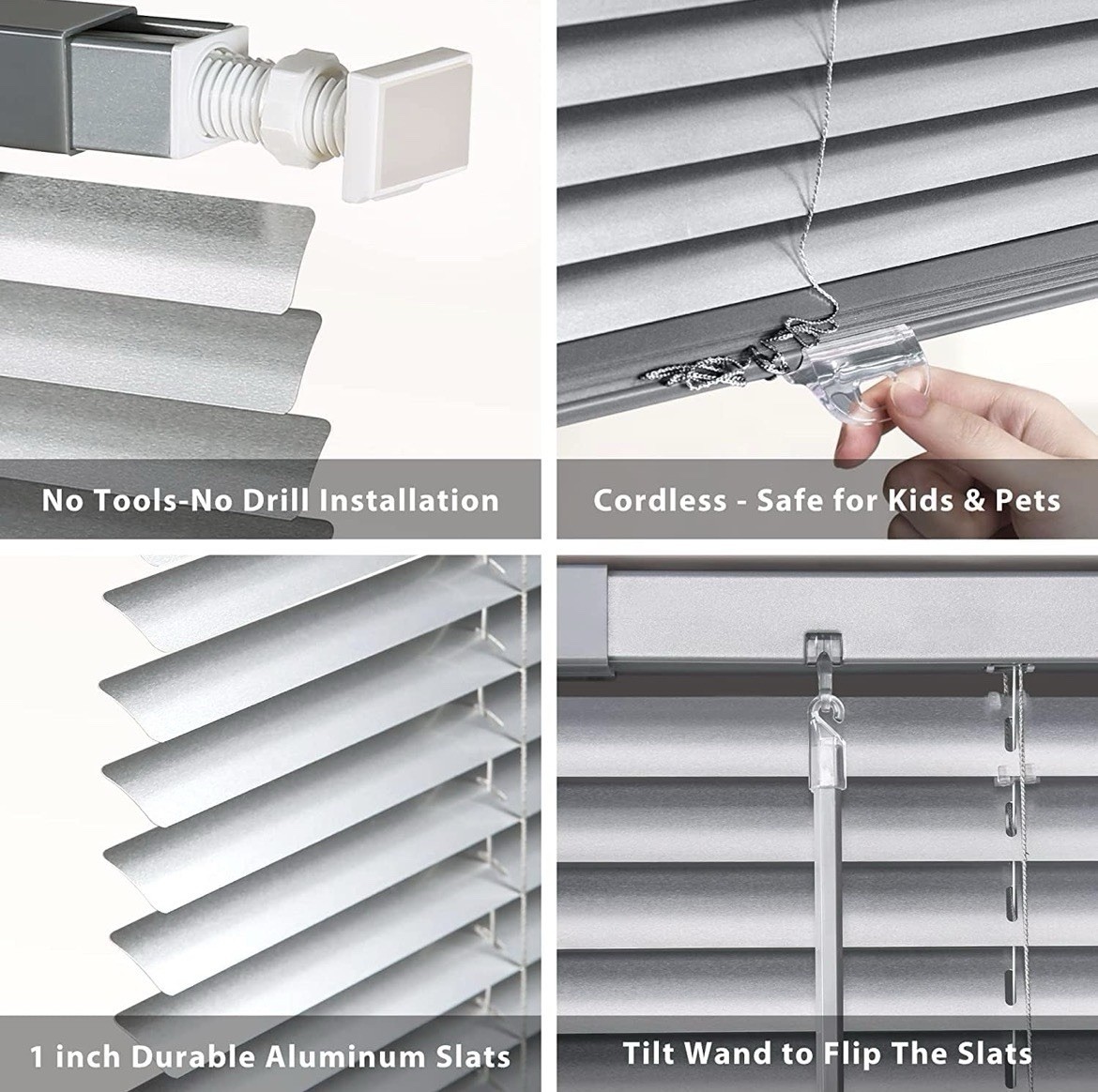 No Drill Cordless Aluminum Mini Blinds 34”W x 64”H Silver Grey Indoor Window