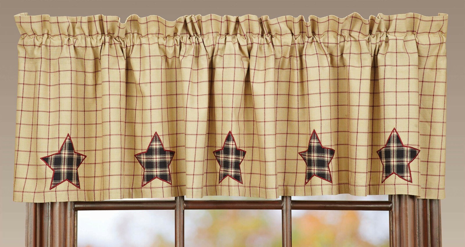 Bingham Star Window Valance Red Tan Windowpane Check w/ Plaid Star Appliques