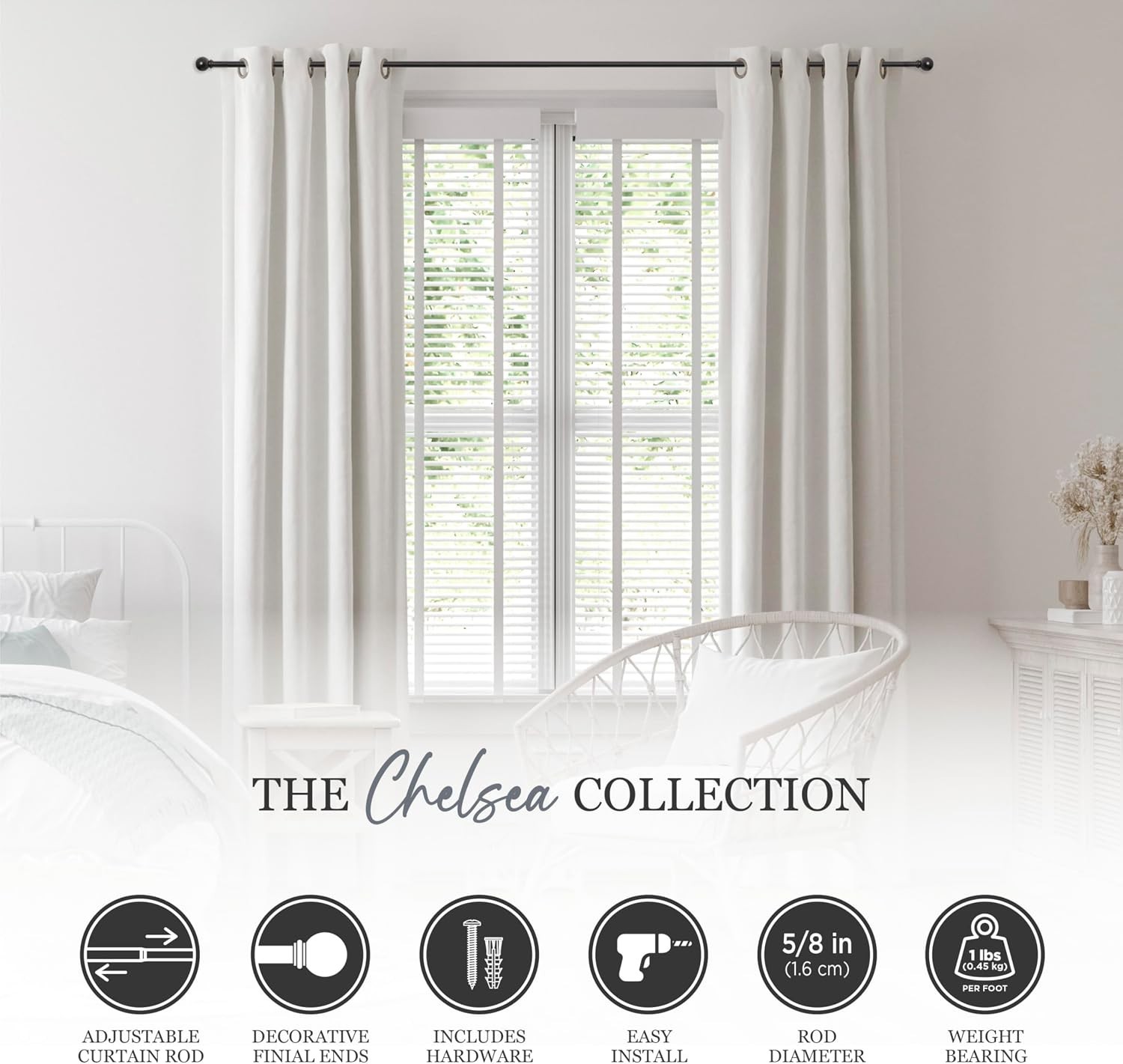 Versatile Adjustable Curtain Rod 48-86 Inches in Black – Complete Hardware Set