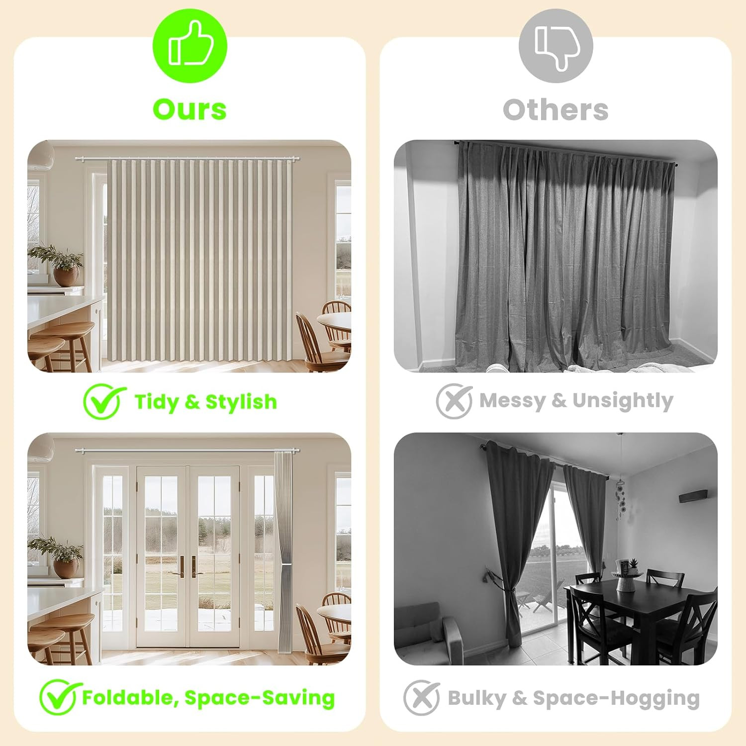 Cream White 100% Blackout Accordion Door Curtain 98″x84″ – No-Drill Divider