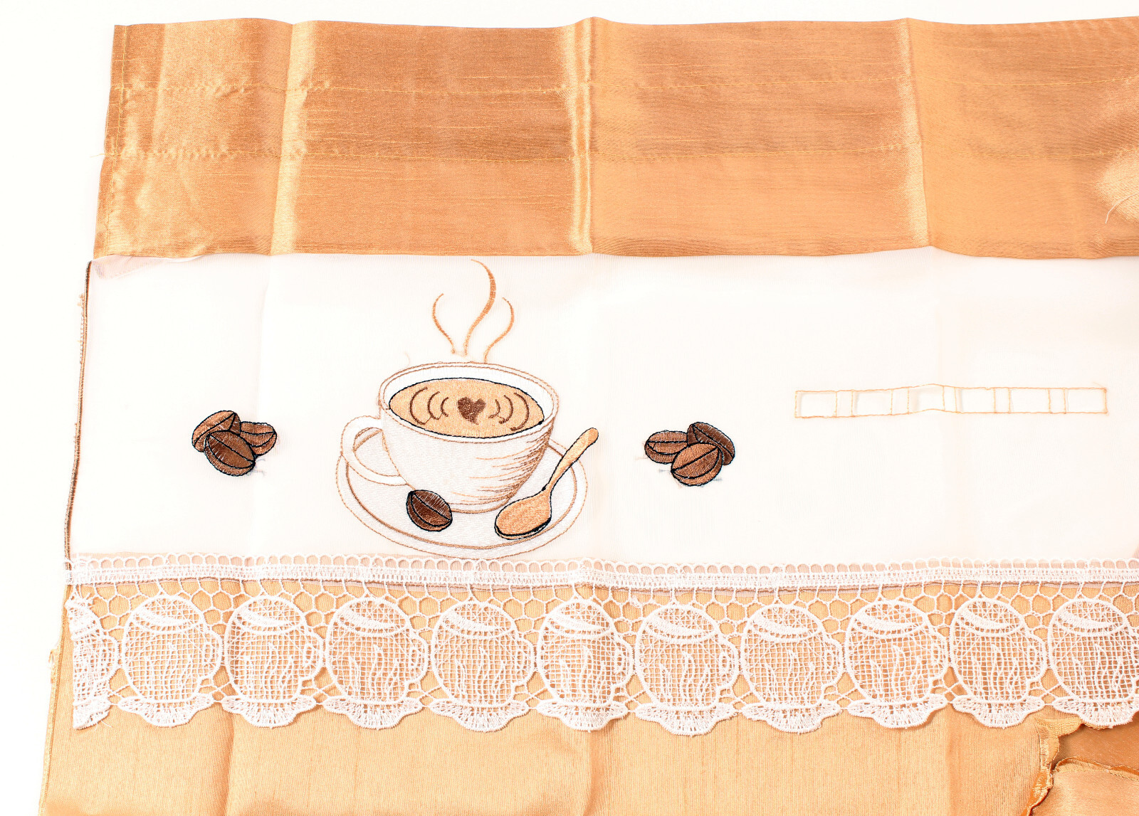 Coffee Cup Macrame Design Kitchen Curtain with Swag and Tier Set 36 inch Gold