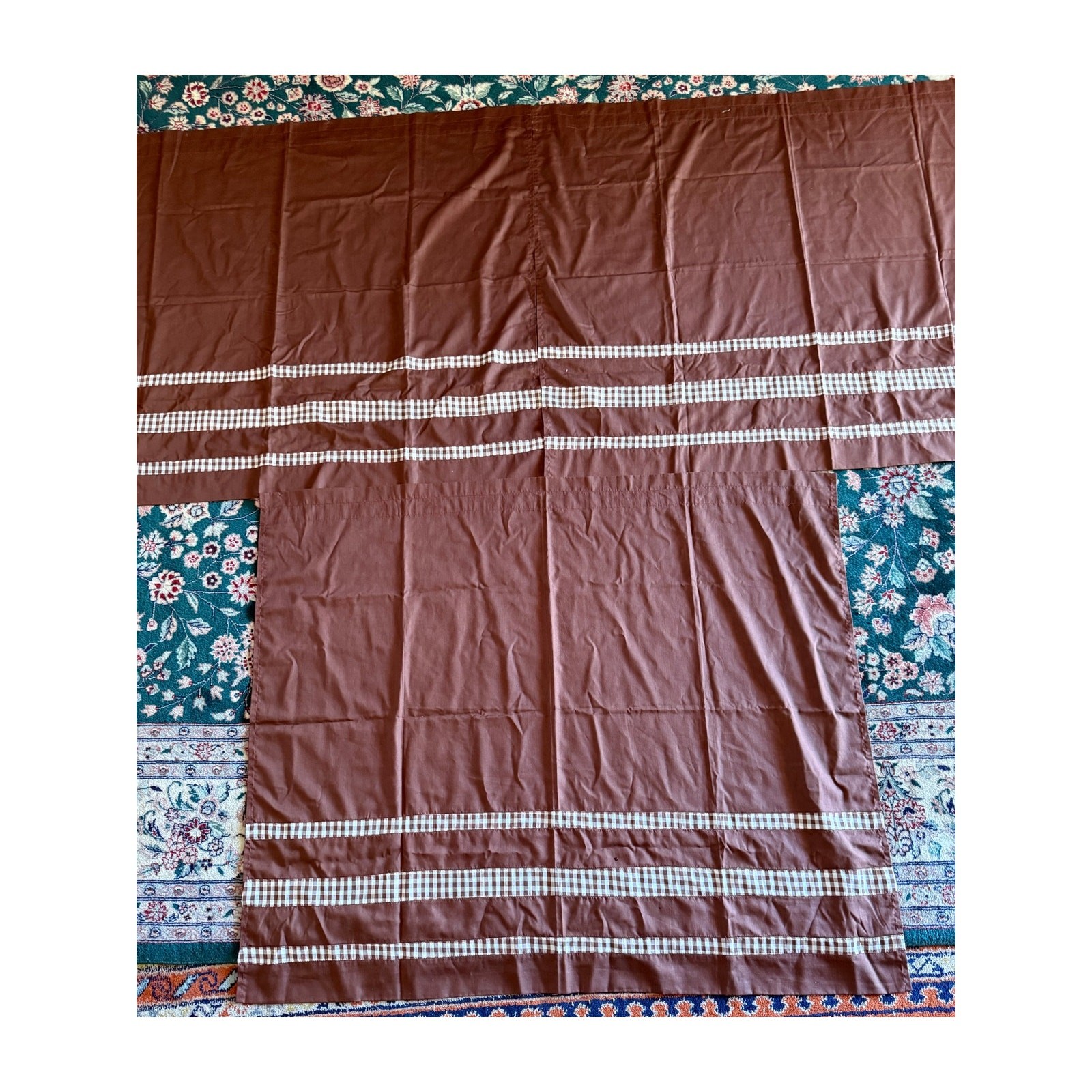 Vintage 1980s Handmade Brown Gingham Check Curtain Panels Set of 3 Cottagecore