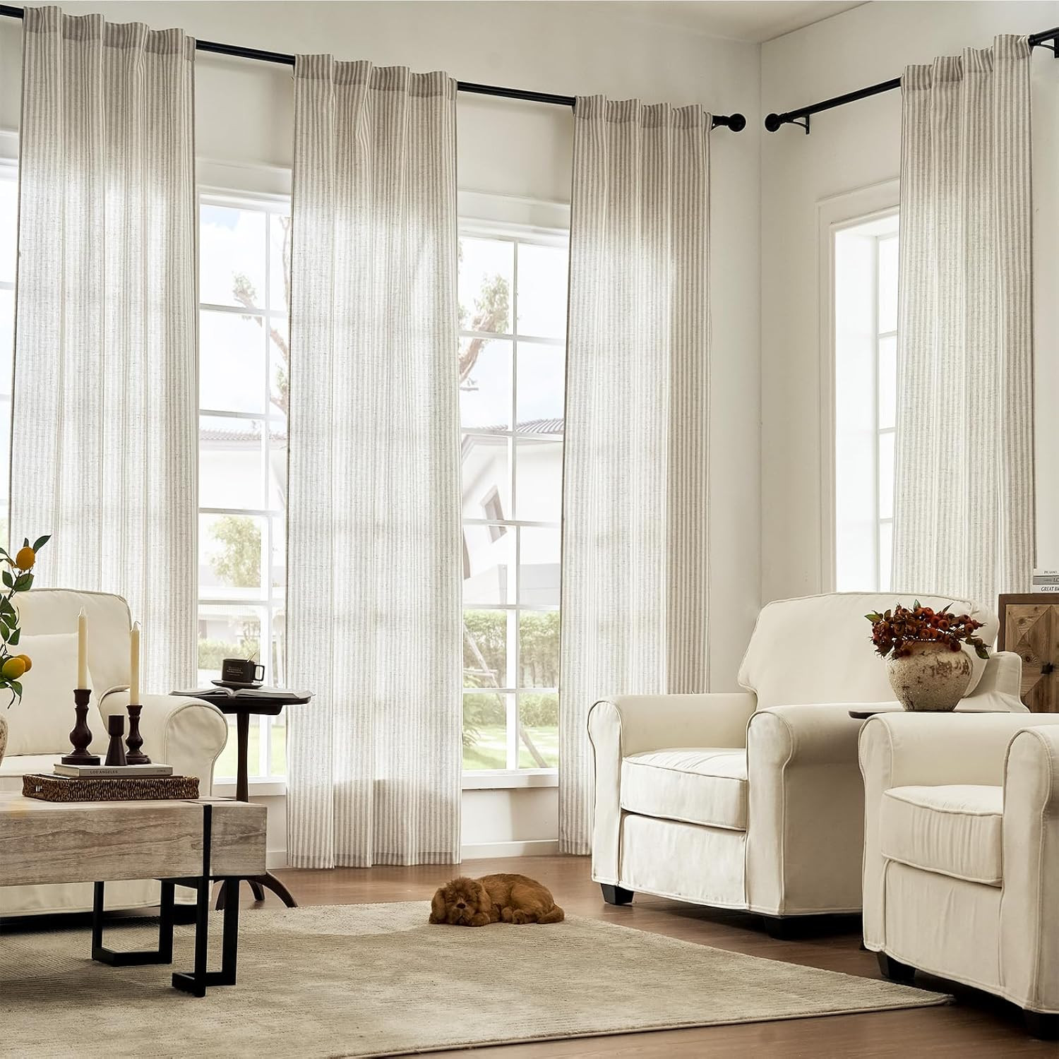 jinchan Linen Curtains Taupe Grey on Beige Striped Curtains for Living Room Bedr
