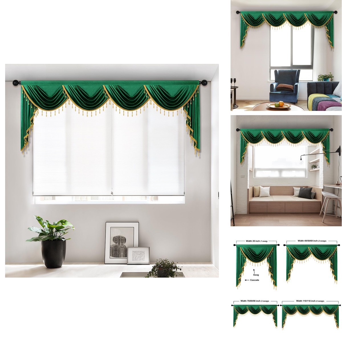 Elkca Luxury Dark Green Velvet Curtain Valances For Living Room Beads118Inch1