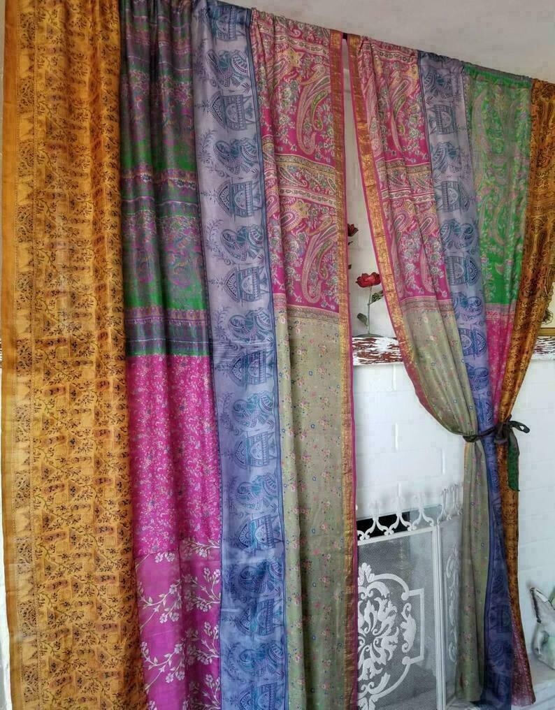 2 Pcs Indian Sari Patchwork Curtain Drape Window Decor Multi Silk Sari Curtain
