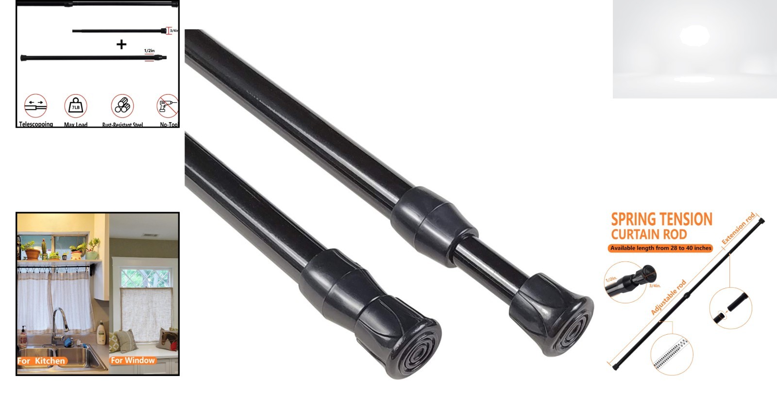 Window Tension Rod 28-40 Inch Adjustable Black Alloy Steel Set of 2 Easy Install