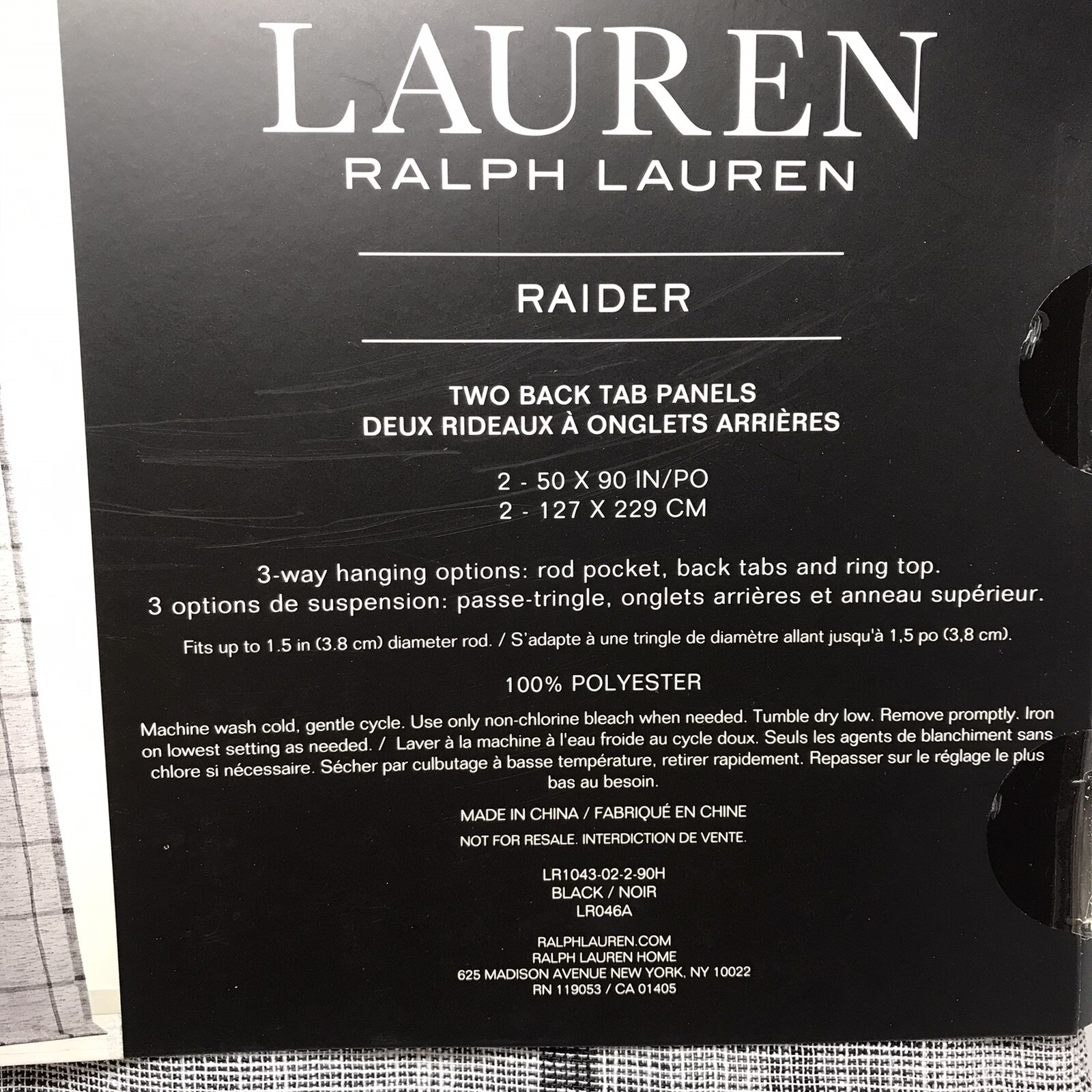 Ralph Lauren Raider 2-Back Tab/Rod Pocket Panels Curtain 50″ x 90″ in Black