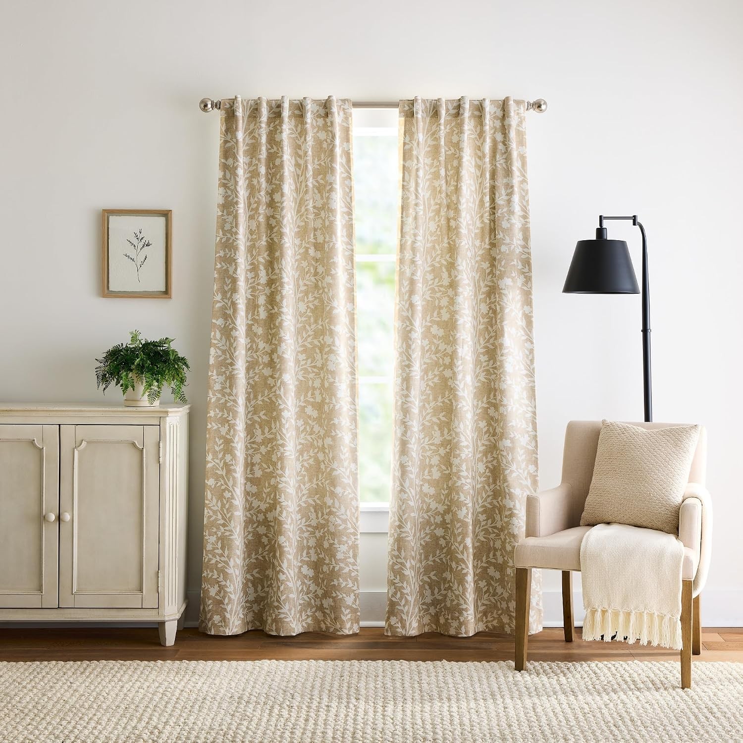 Beige Floral Blackout Window Curtains for Living Room or Bedroom – 37″ x 95″ –