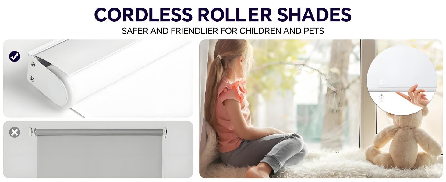 Roller Window Shades Free-Stop Cordless Blackout Blinds, Thermal Insulated Pull