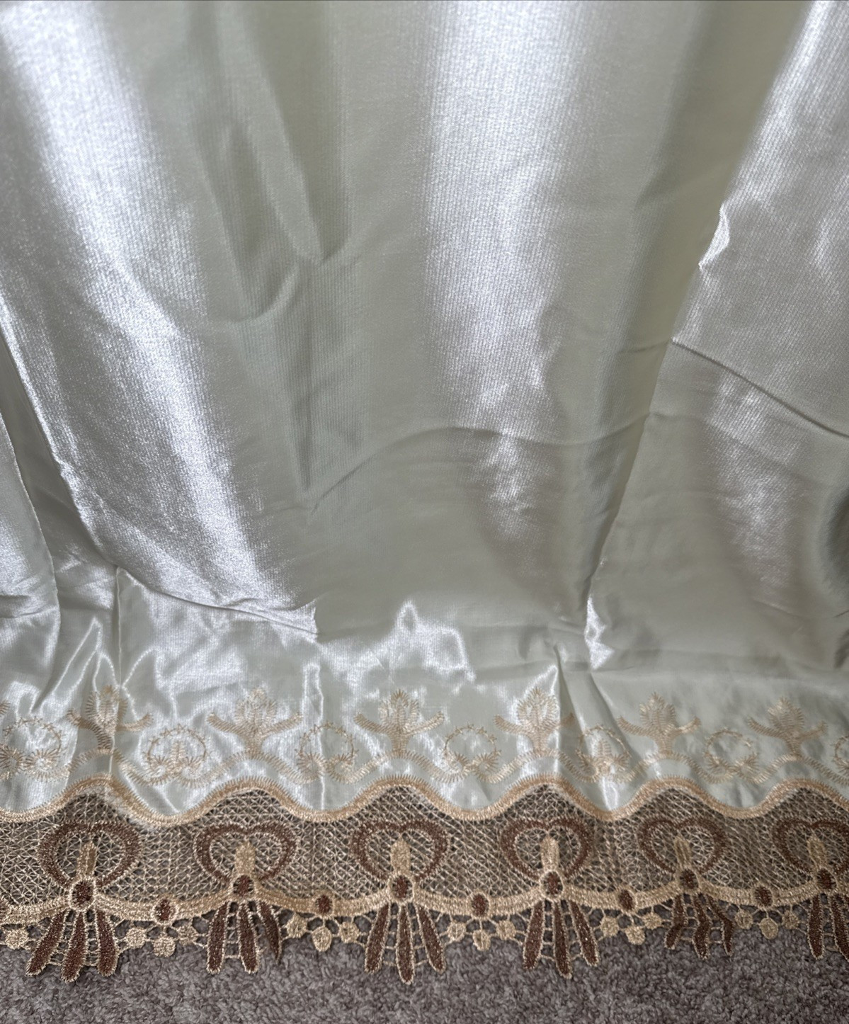 Drapes 2 Panels Beige w/ Attached Valance, Shimmer Satin, Sheer Lace 54 X 87”