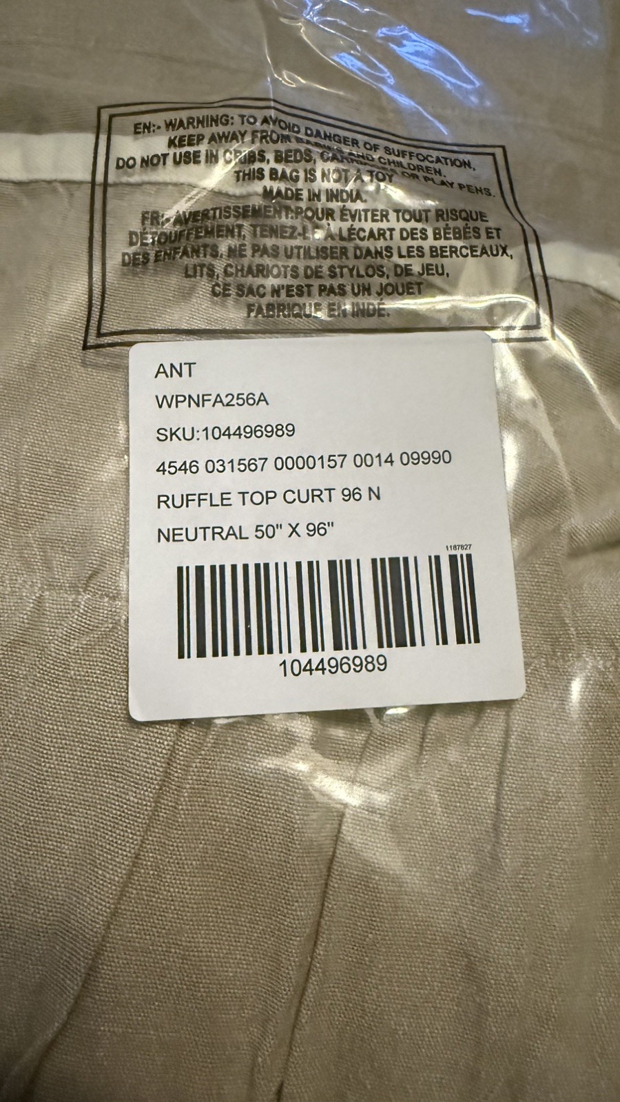 Anthropologie Ruffle Top Curtain Panel Beige Neutral Cotton 96” x 50” Unlined